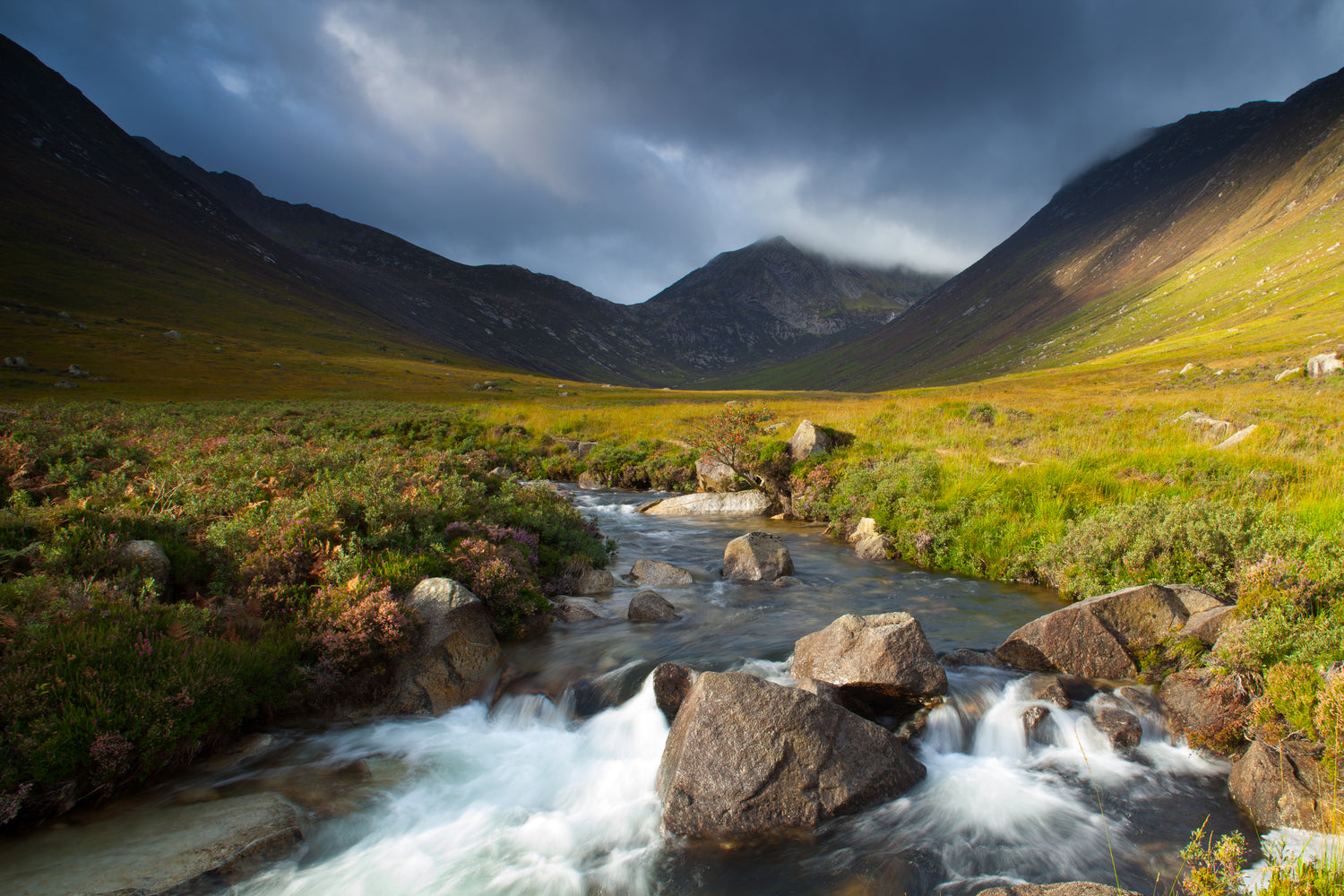 Scotland, North Ayrshire, Isle of Arran. Glen Sannox, a remote valley surrounded by mountains on the Island of Arran